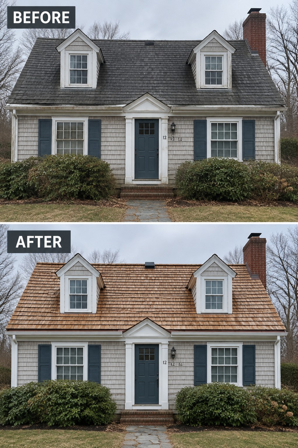 Before and after of house with new brown wooden roof shingles replacing dark ones.