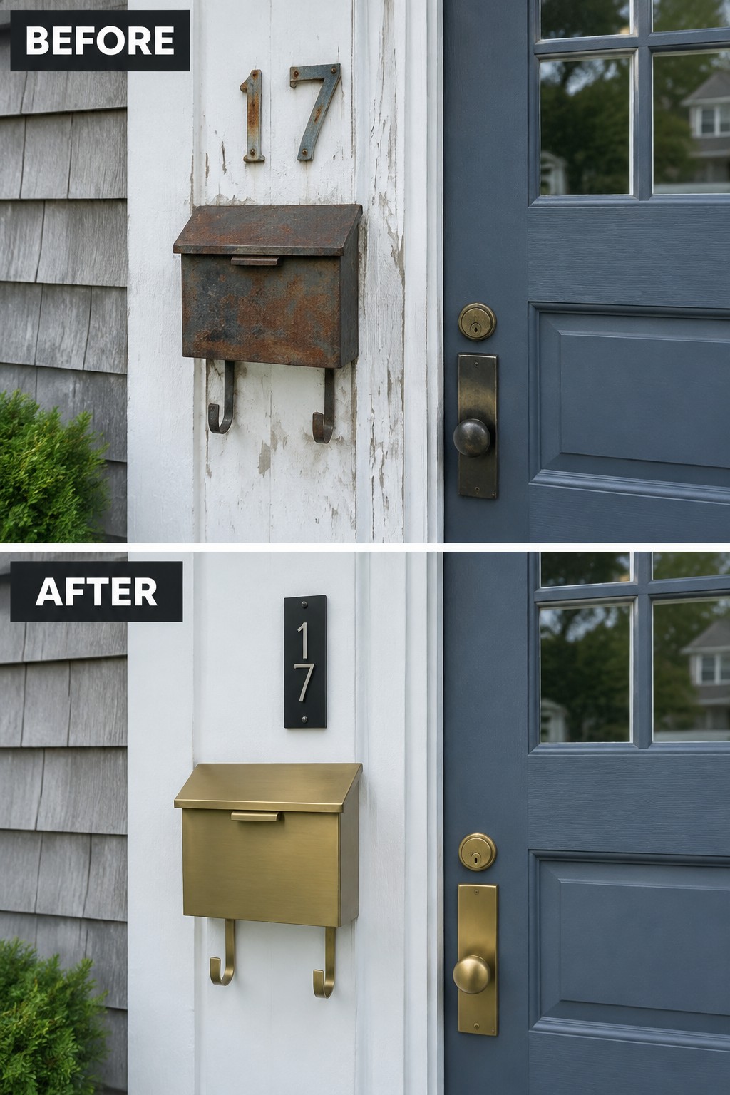 Before-and-after image of a house entry showing a rusted mailbox and faded numbers replaced with a modern brass mailbox, updated numbers, and matching door hardware.