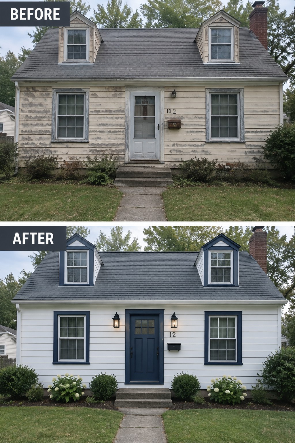 Before and after of house exterior with fresh white paint and blue trim