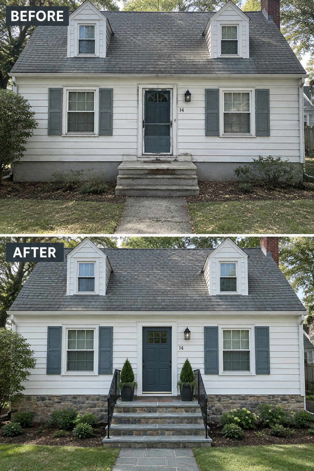 Before-and-after view of white house with stone steps, railings, and updated landscaping.