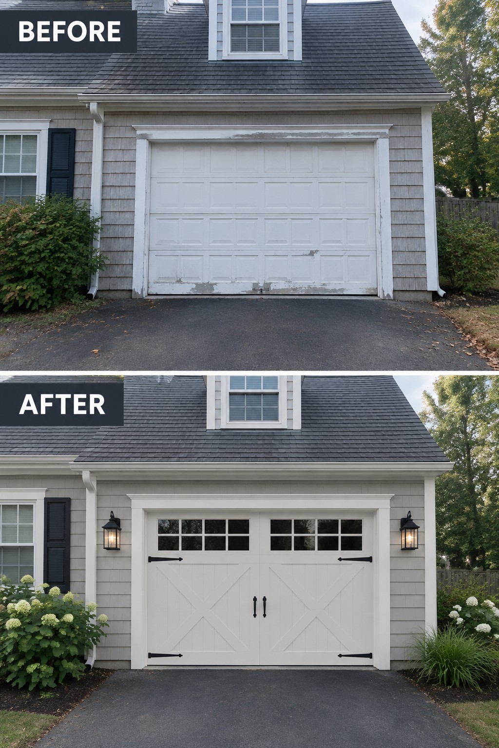 Before and after of gray house garage: old peeling door replaced by new white double carriage doors with lanterns