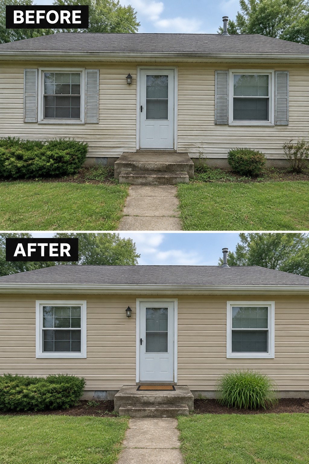 Before and after photos of house with shutters removed and updated landscaping.