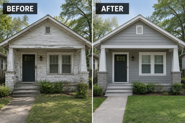 House exterior before and after renovation from peeling white to gray siding.
