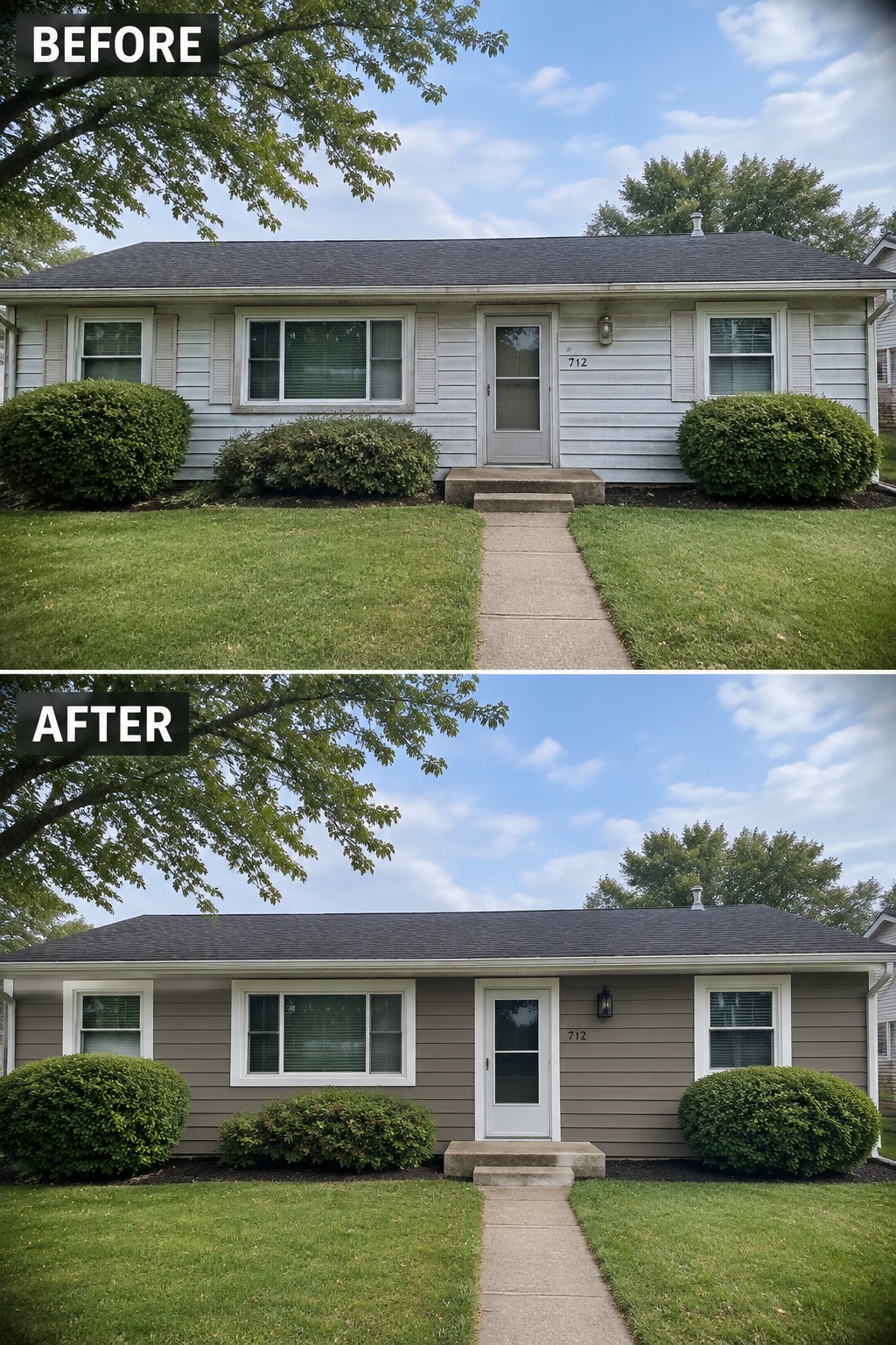Before-and-after image of a ranch home exterior changed from light gray siding to a darker taupe color with white trim.
