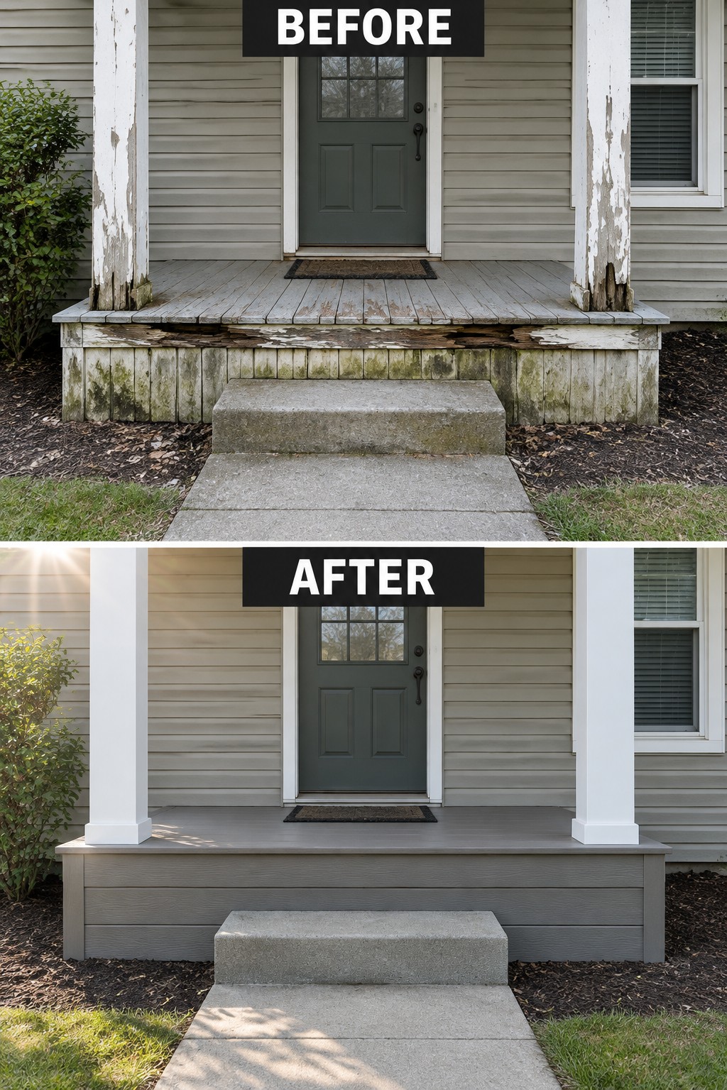 Before-and-after image of a front porch showing peeling paint on columns and damaged decking updated with fresh white trim and new gray porch flooring.