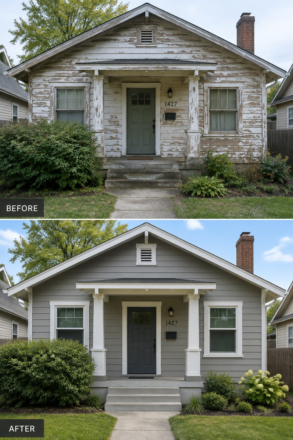 House exterior before and after renovation from peeling white to gray siding.