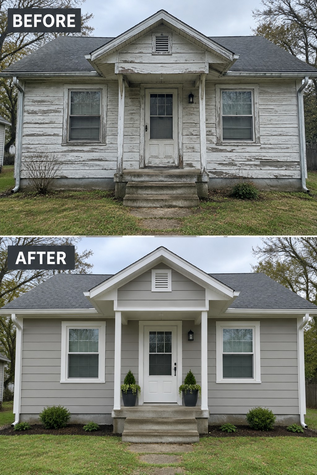 Before and after of a house with peeling white paint and new gray siding.