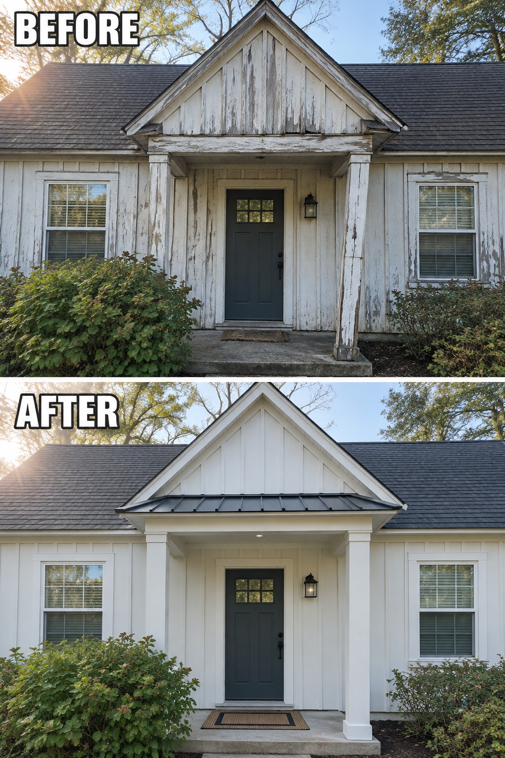 Before and after house porch renovation with fresh white paint and metal roof.