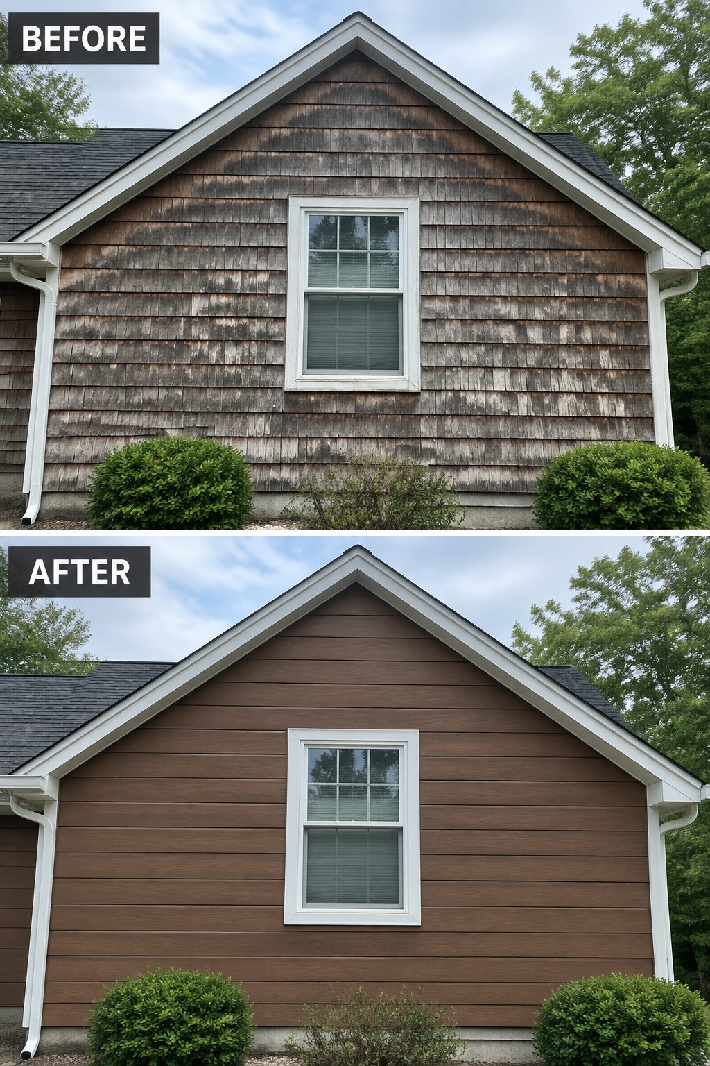 Before-and-after image of a house exterior with weathered cedar shake siding replaced by horizontal brown siding.