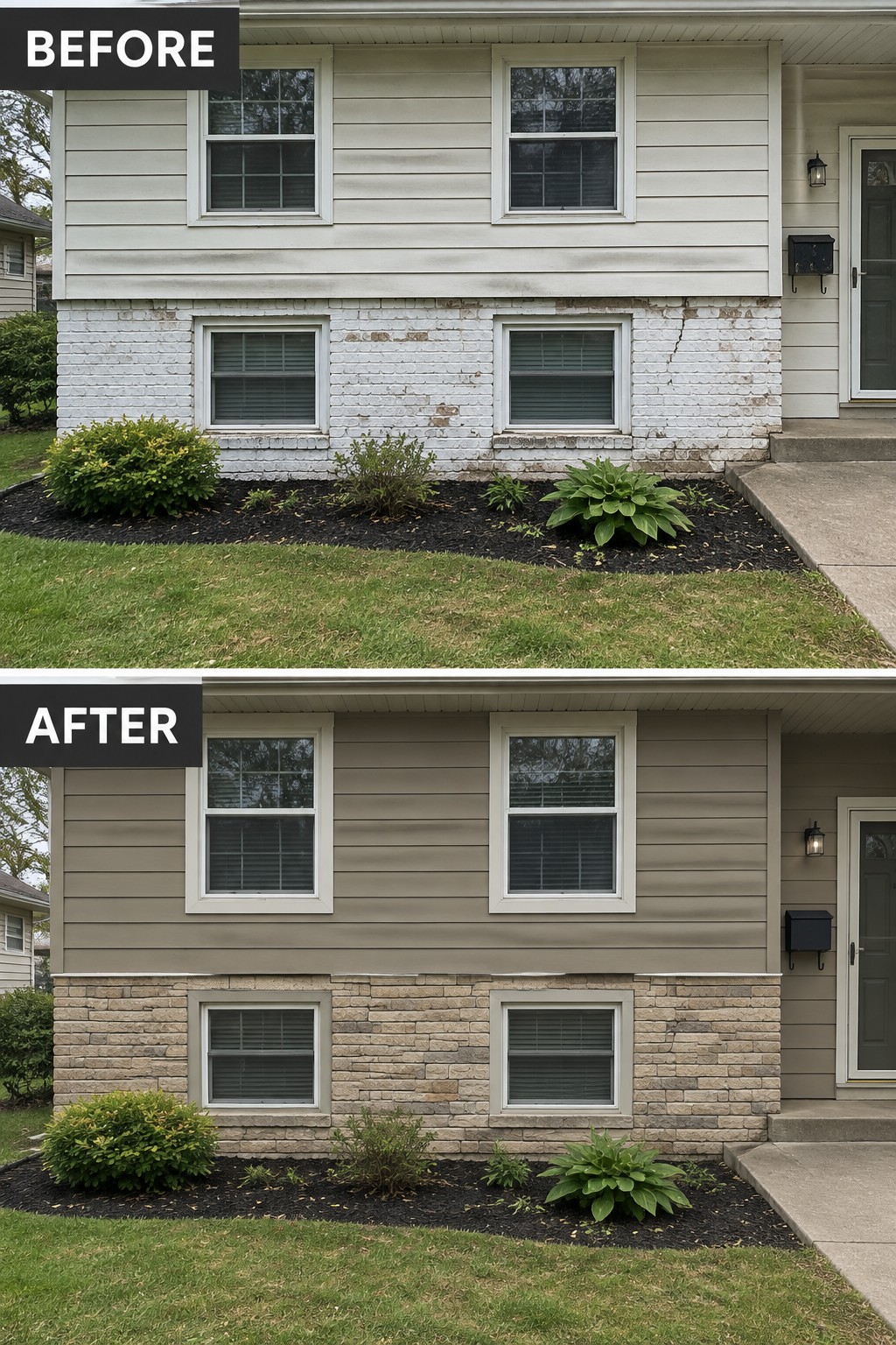 Before-and-after image of a house exterior with white brick base and mismatched siding updated to stone veneer and uniform taupe siding.