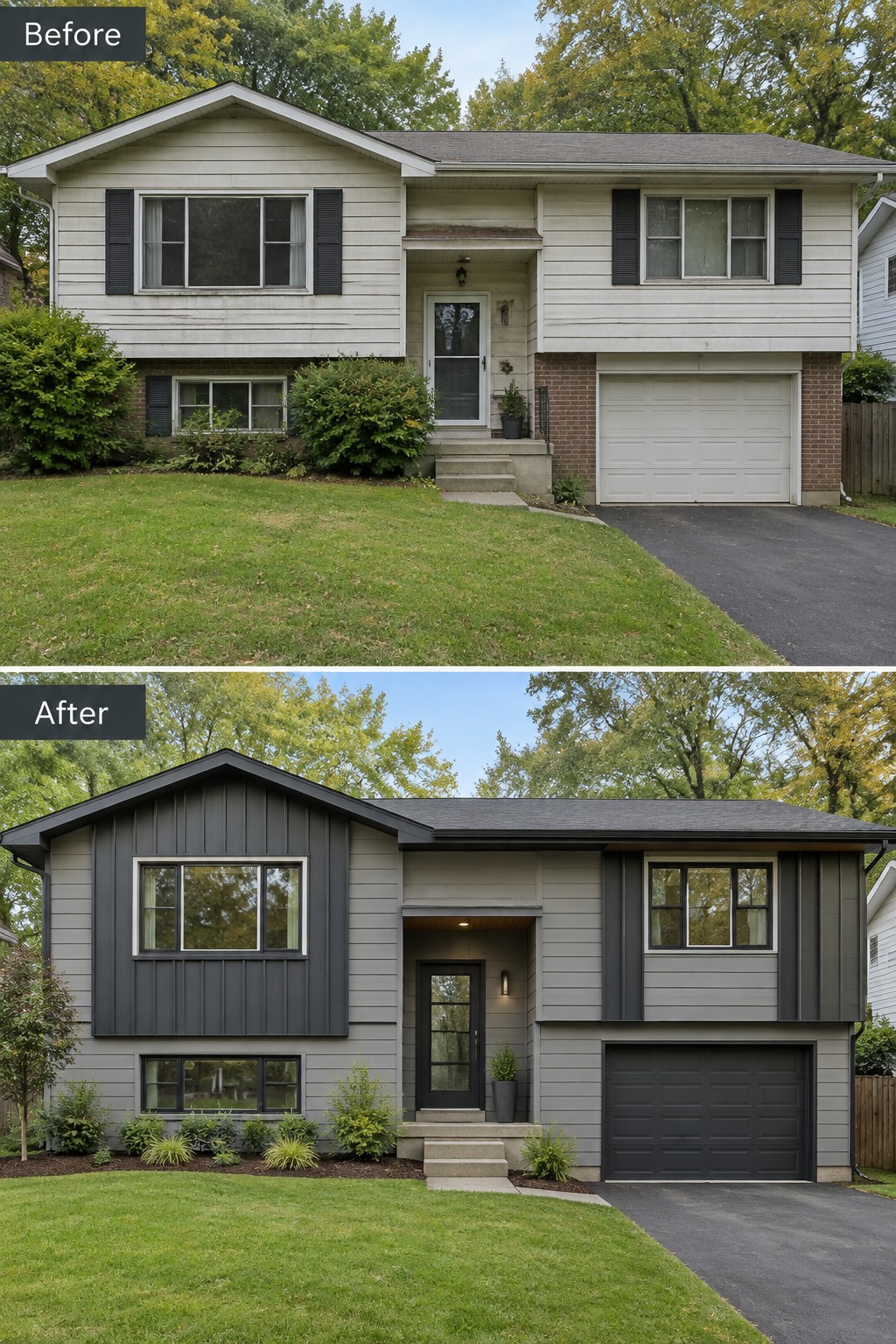 Before and after views of suburban house with beige-to-gray exterior siding renovation.