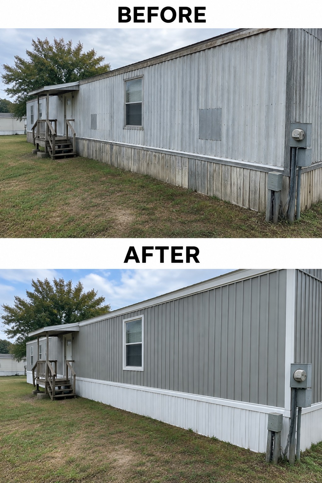 Before-and-after image of a mobile home exterior with weathered mismatched siding changed to uniform gray panels and white lower trim.