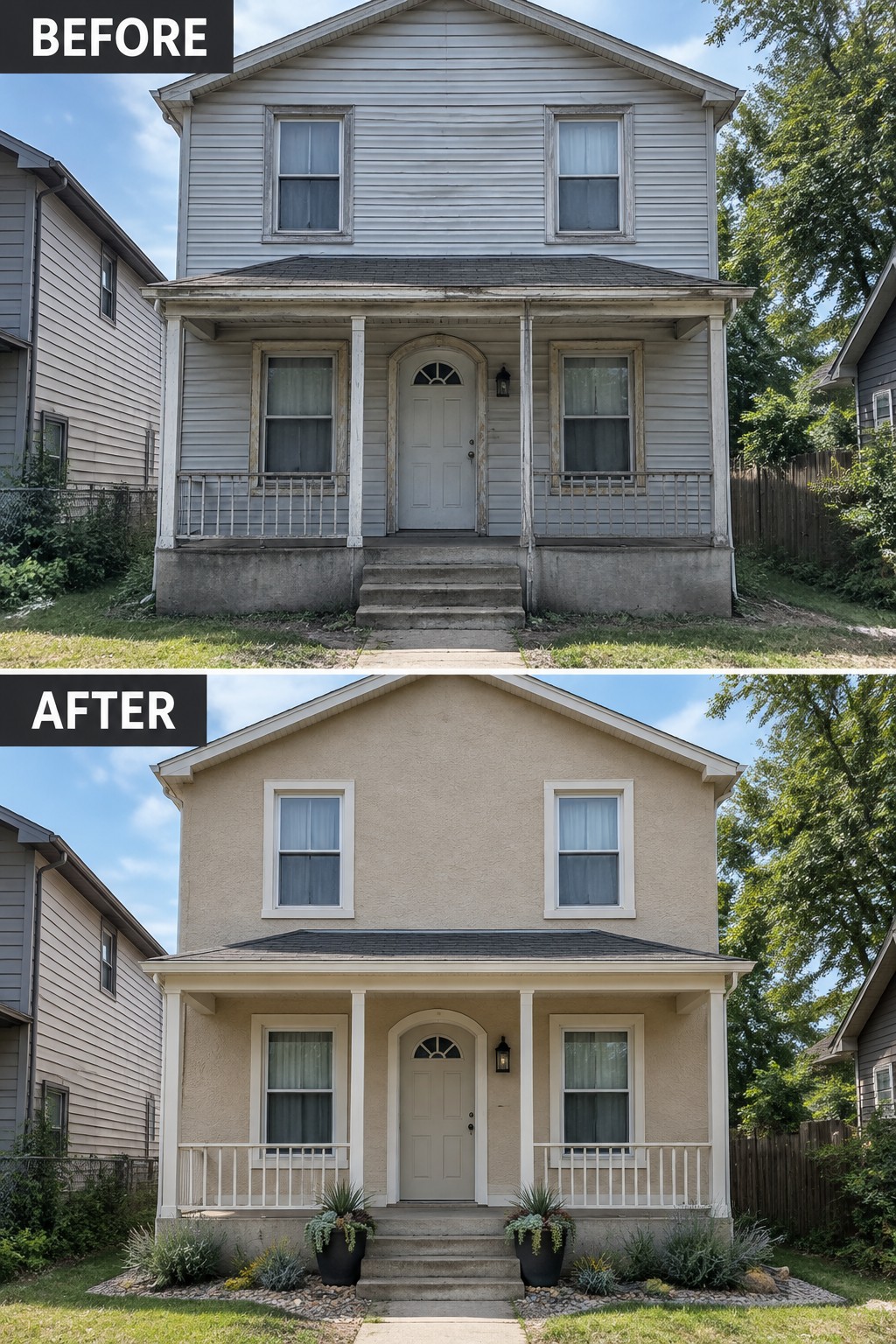 Before-and-after image of a two-story house with faded gray siding changed to a warm beige finish, white trim, and added foundation plantings around the porch.