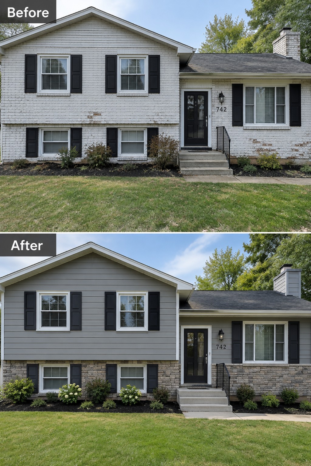 Before and after house exterior: white brick to gray siding with stone base.