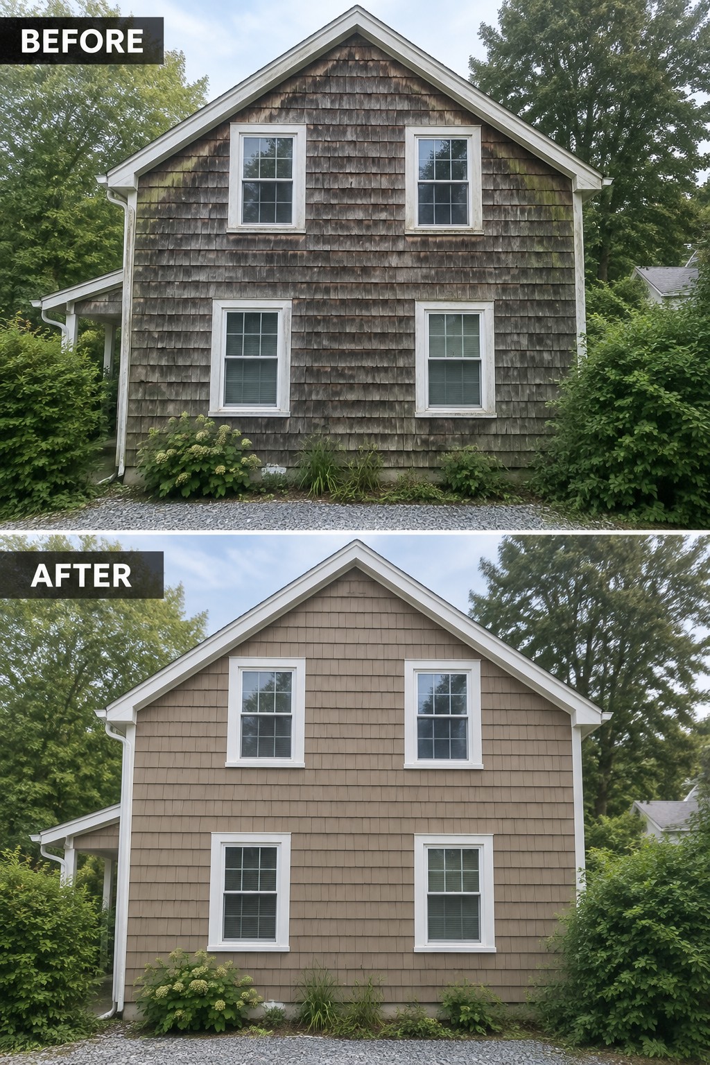 Before-and-after house with weathered gray shingles repainted uniform light brown.
