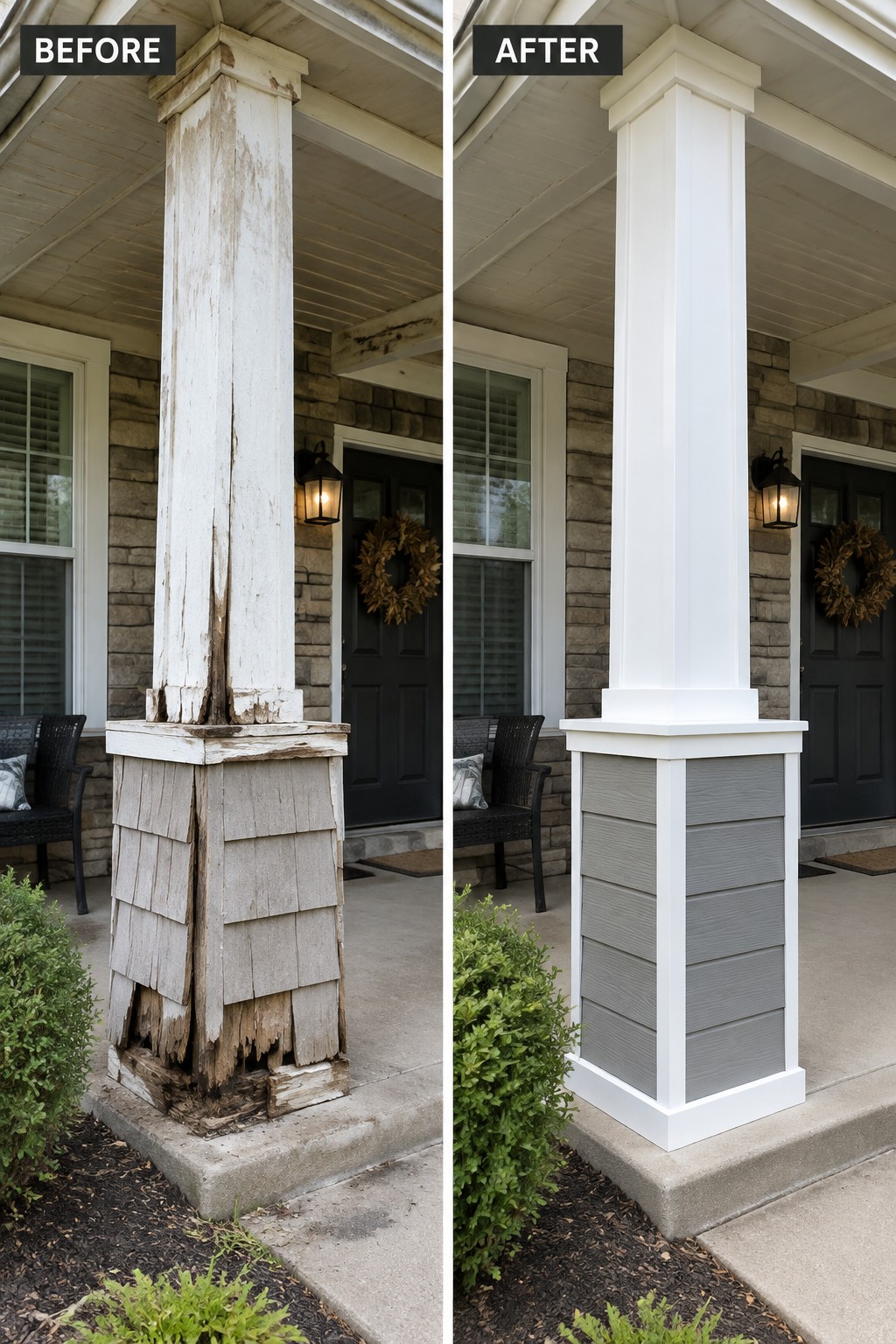 Before-and-after porch column: peeling white paint restored to smooth white with gray base.