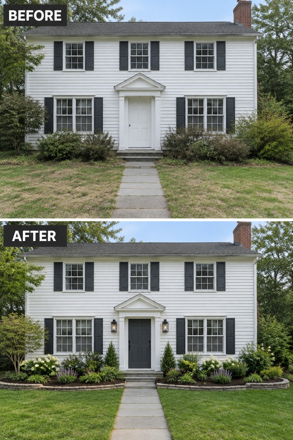 Before-and-after image of a white colonial house showing the front door changed from white to dark gray with updated landscaping and new garden beds.