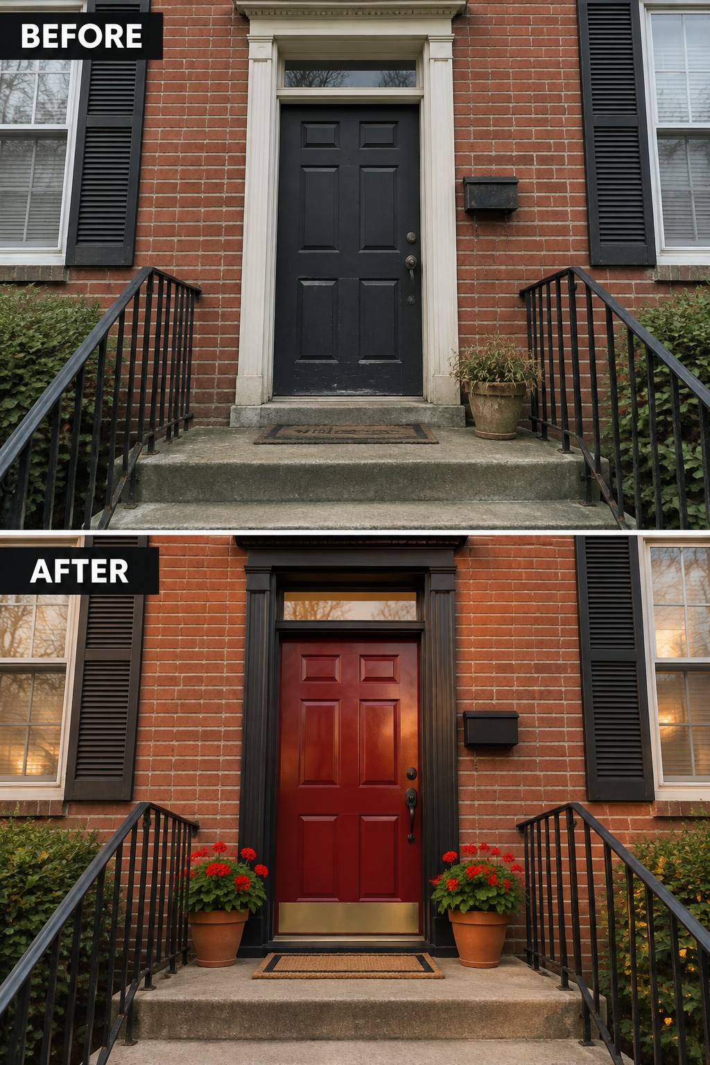 Before and after of brick house with door repainted red and potted red flowers added.