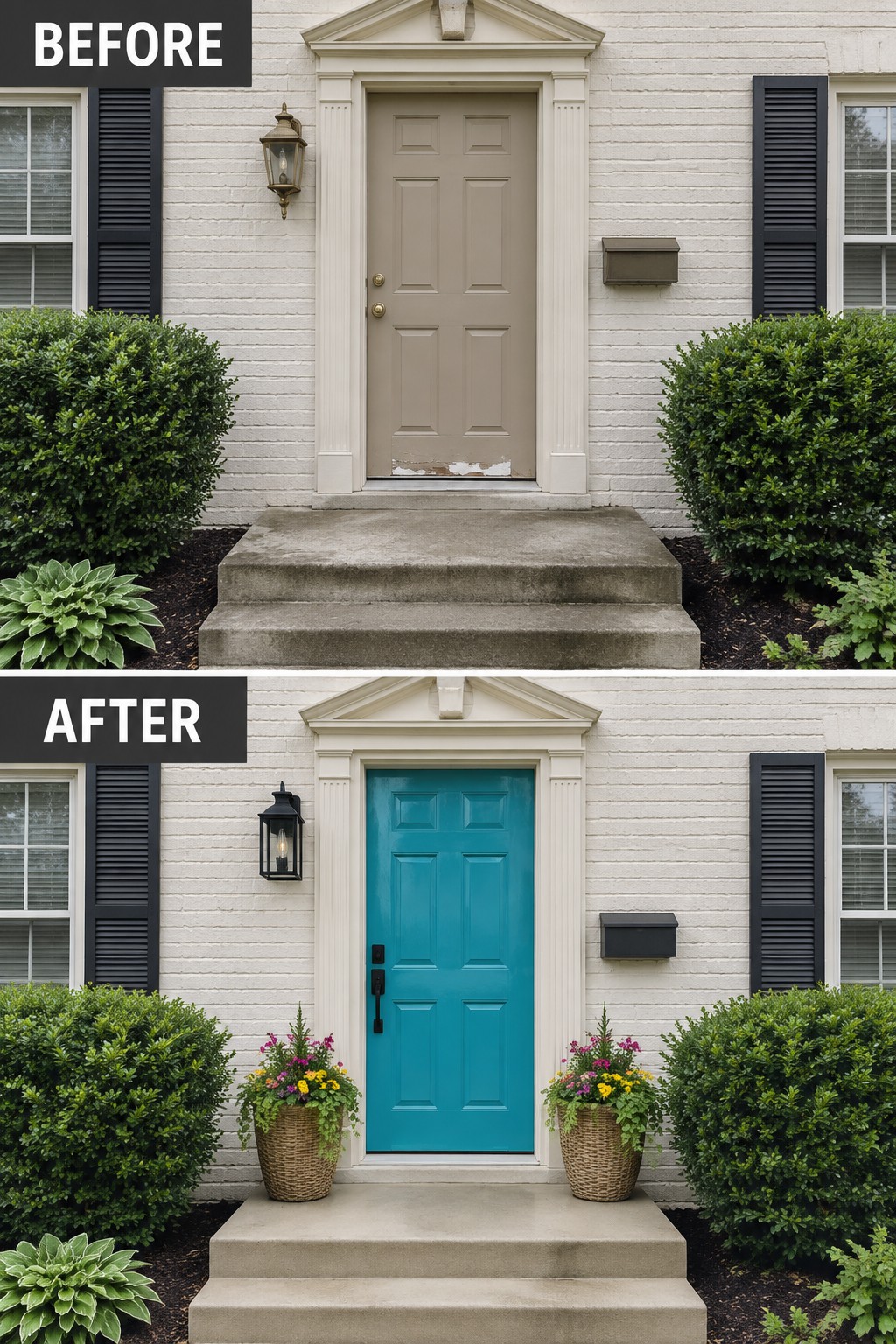 Before and after of beige front door repainted teal with added flower pots on steps
