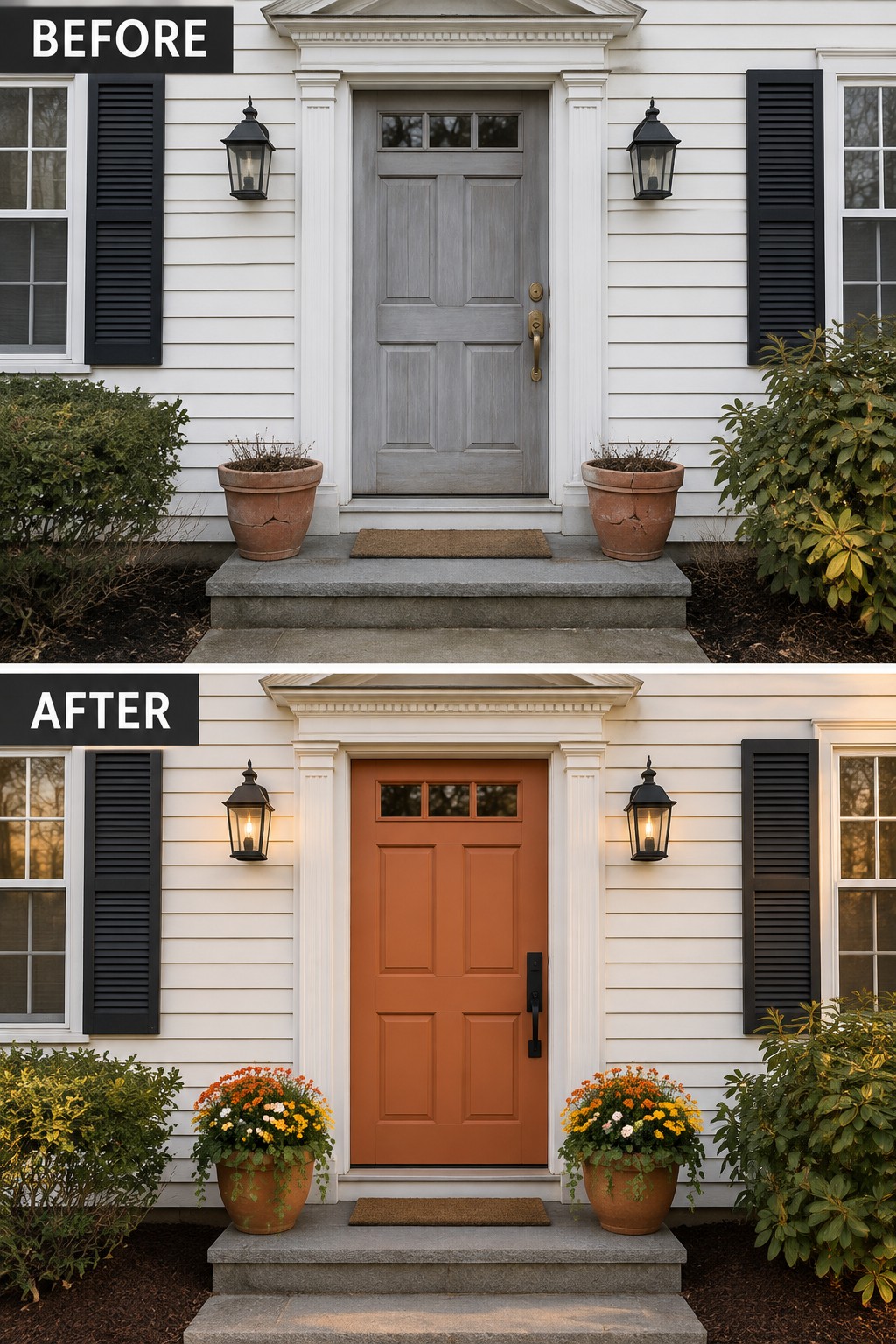 Before and after of house entrance with gray door repainted orange and colorful flower pots added
