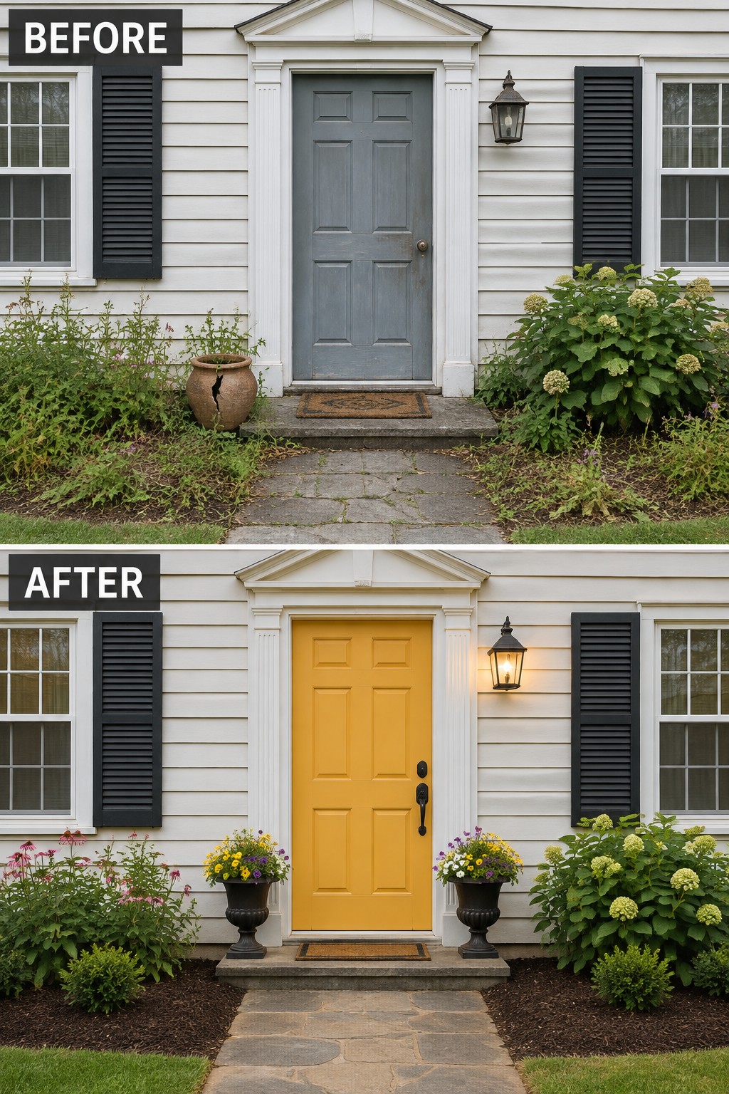 Before and after of house entry with door painted yellow and new flower pots