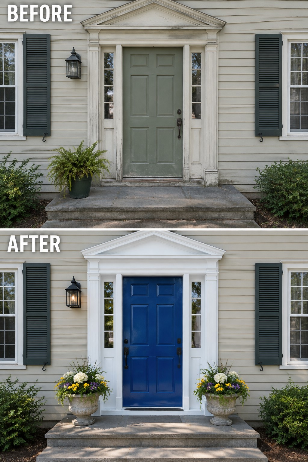 Before and after of house entrance with door repainted from green to blue and added flower pots.