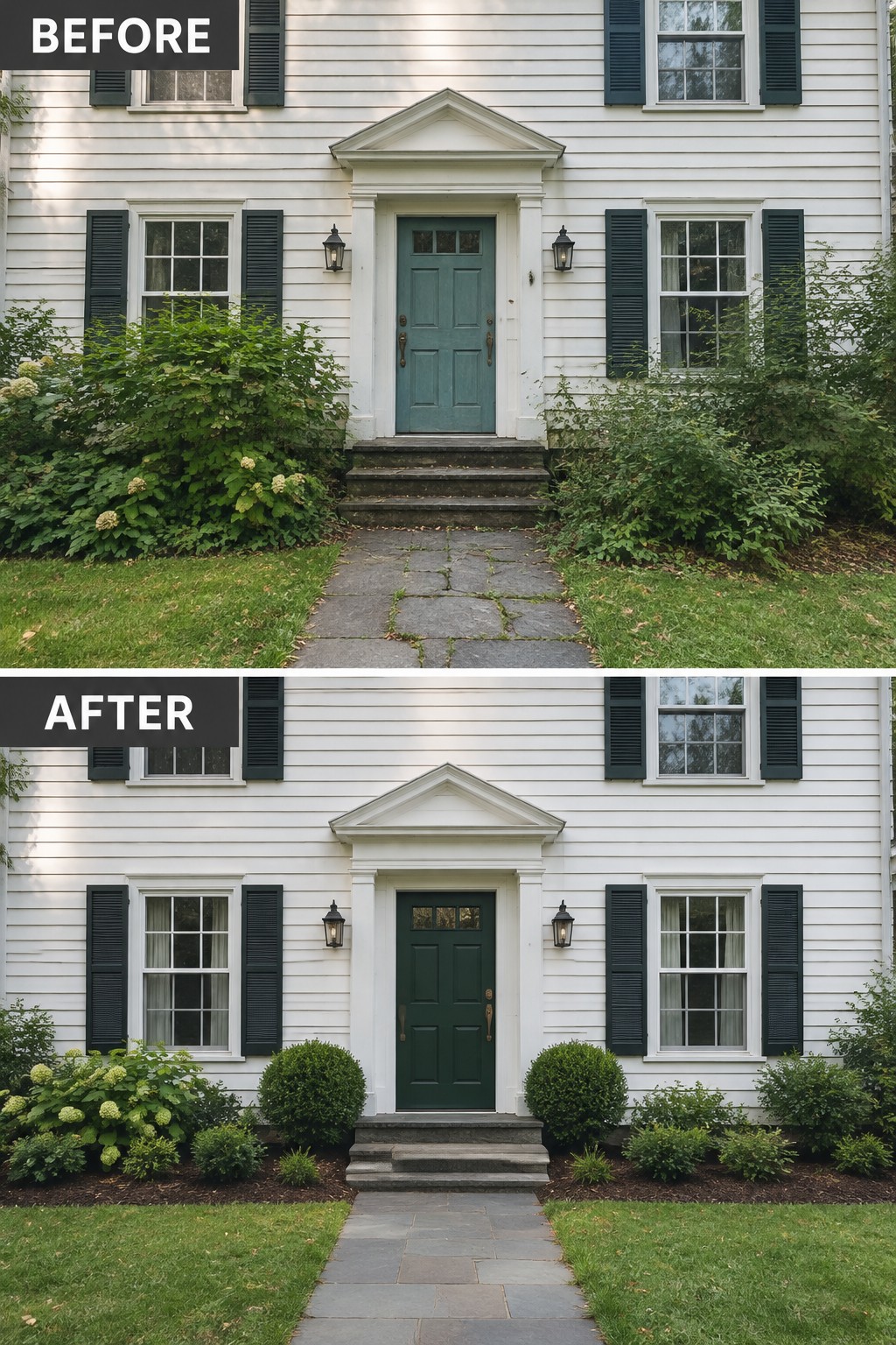 Before and after of white house with green door, overgrown then neatly trimmed shrubs.