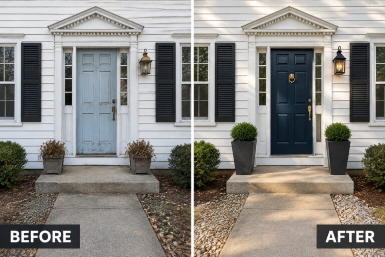 21 Simple Colonial Exterior Refreshes Centered on Front Door Color Changes Before-and-after of house entrance with door repainted from light blue to navy and updated planters