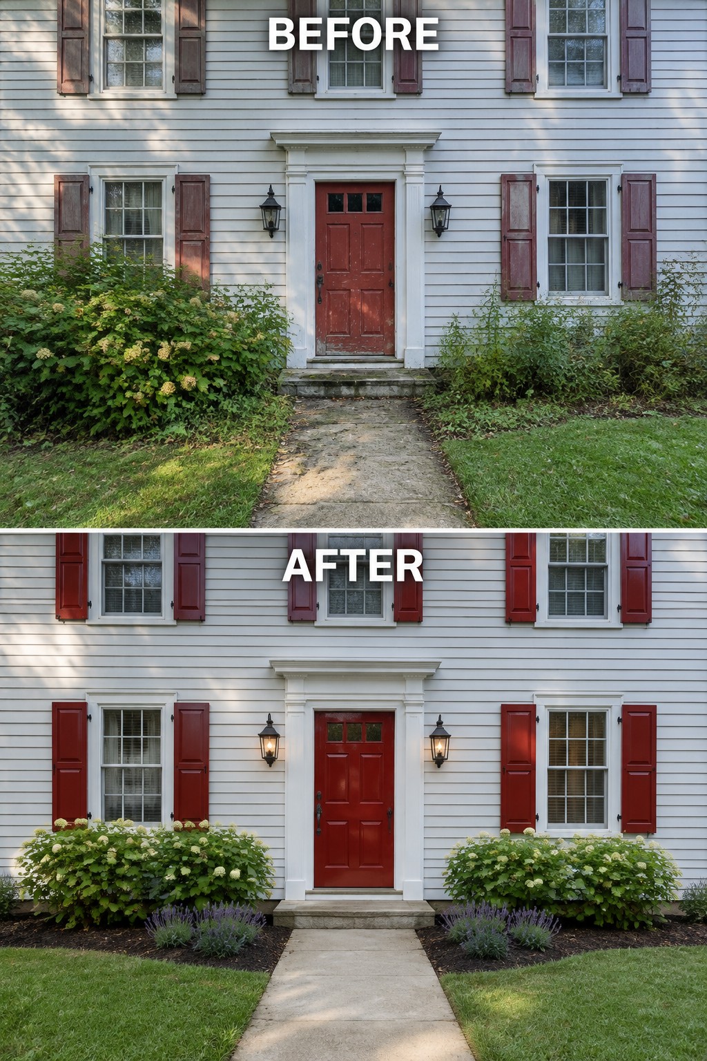 Before and after of white house with red door, shutters, and landscaped garden beds.