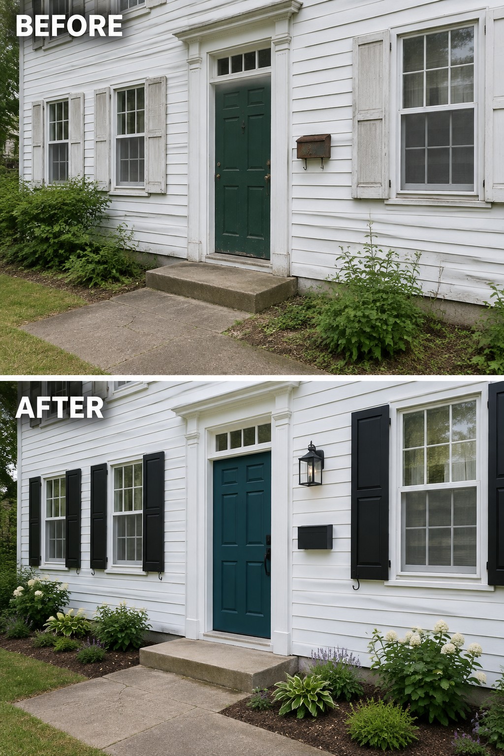 Before and after of white house with green door, black shutters, and updated landscaping