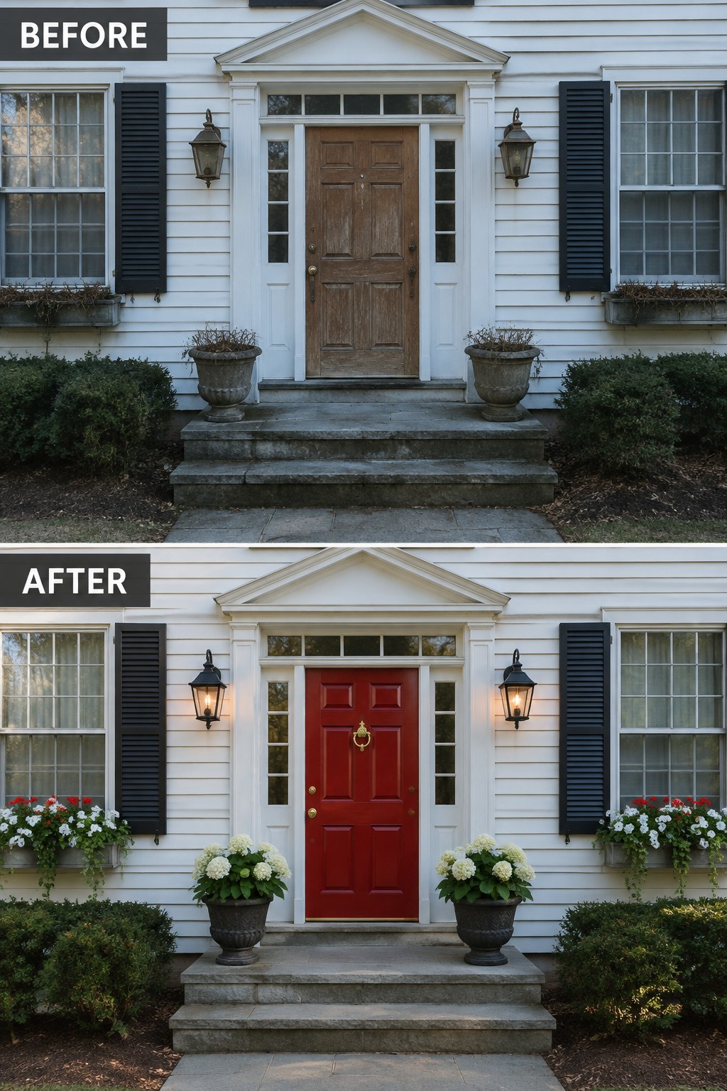 Before-and-after image of a colonial home exterior with the front door changed from brown to red, plus lit lanterns and flowering plants added to the planters.