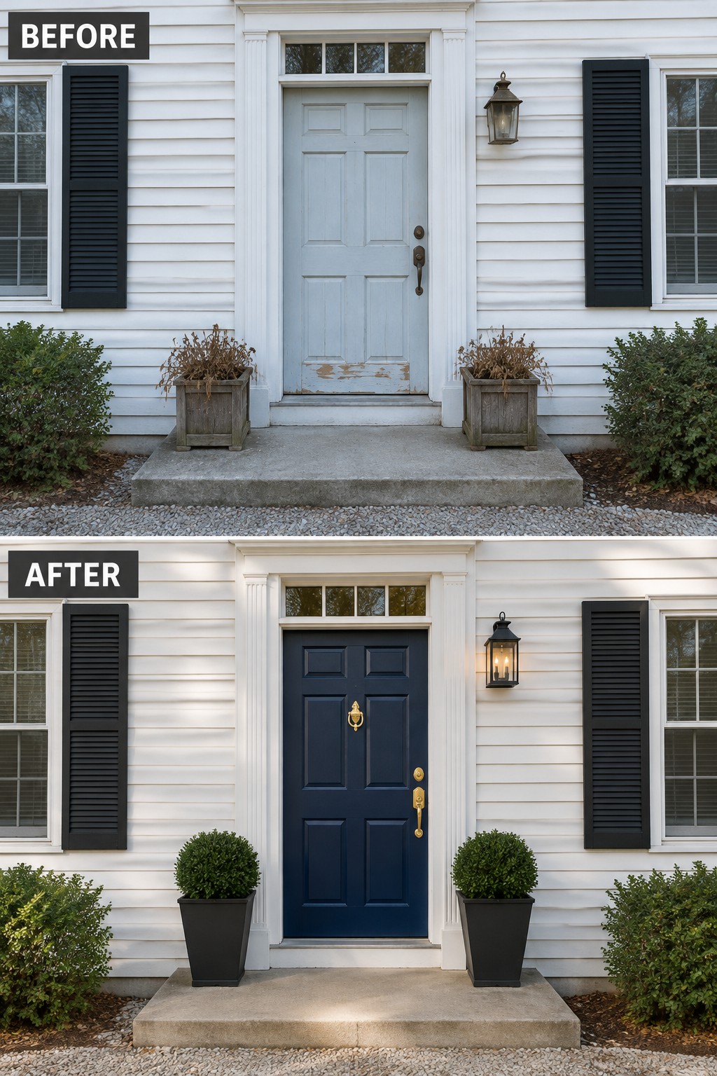 Before-and-after of house entrance with door repainted from light blue to navy and updated planters