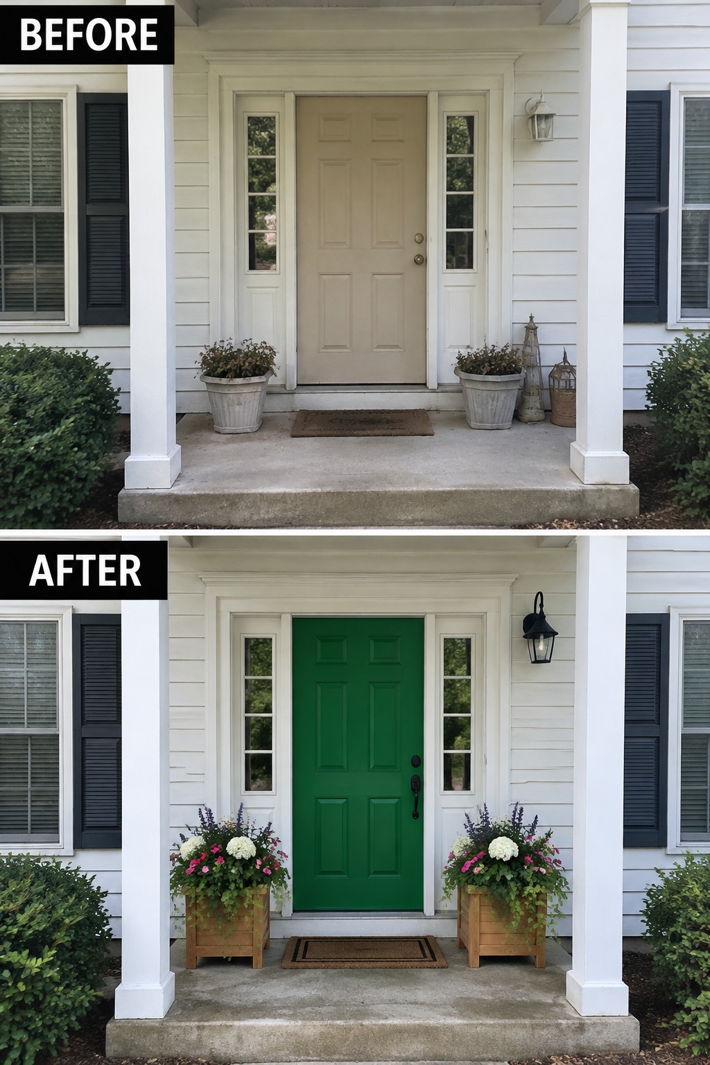 Before-and-after image of a colonial front porch with a beige door changed to green and new matching wooden planters added on both sides.