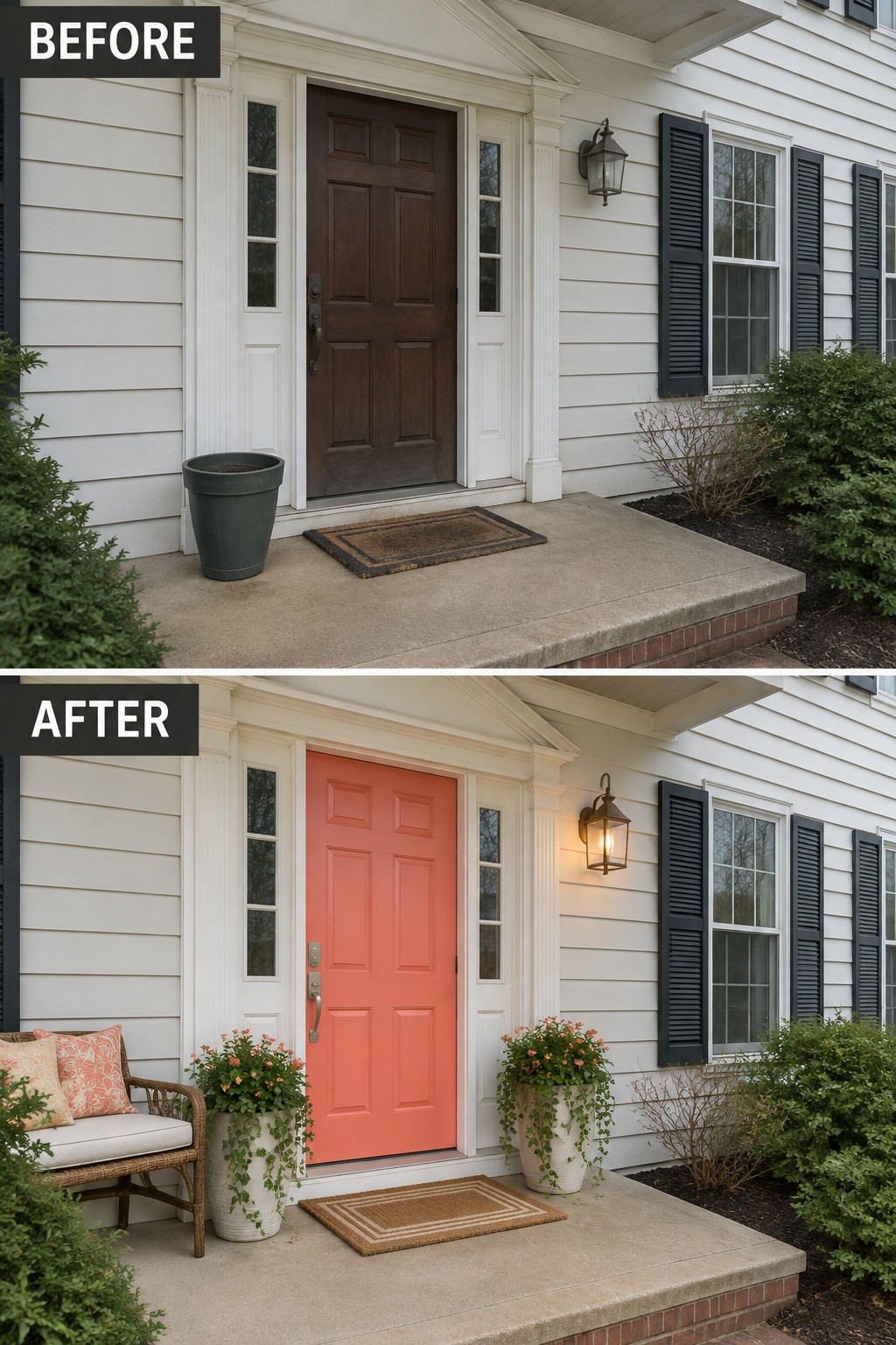 Before and after of front porch with door painted coral, plus bench and flower pots