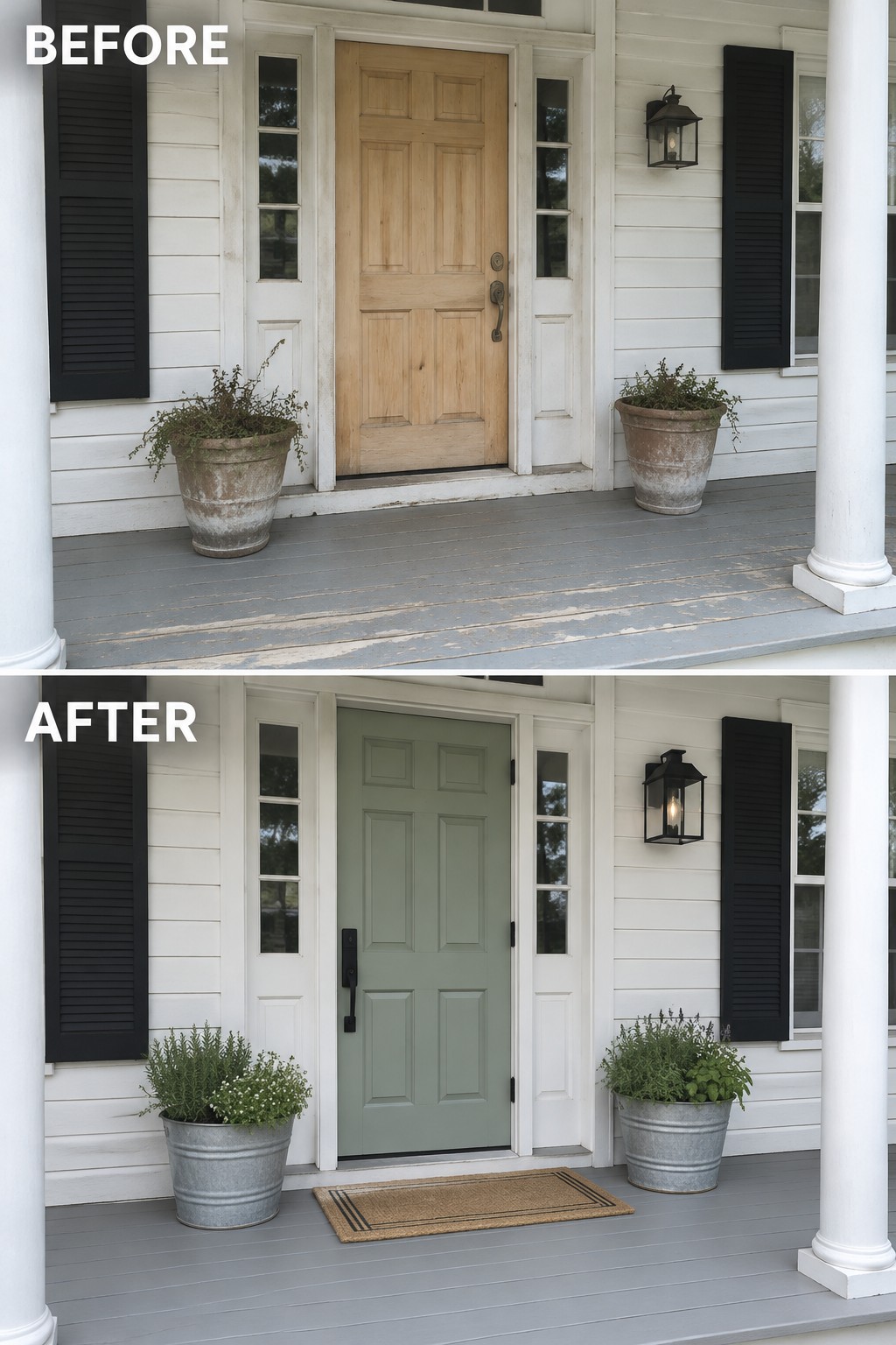 Before-and-after image of a colonial home front entry showing the door changed from natural wood to sage green with updated planters and a doormat added.
