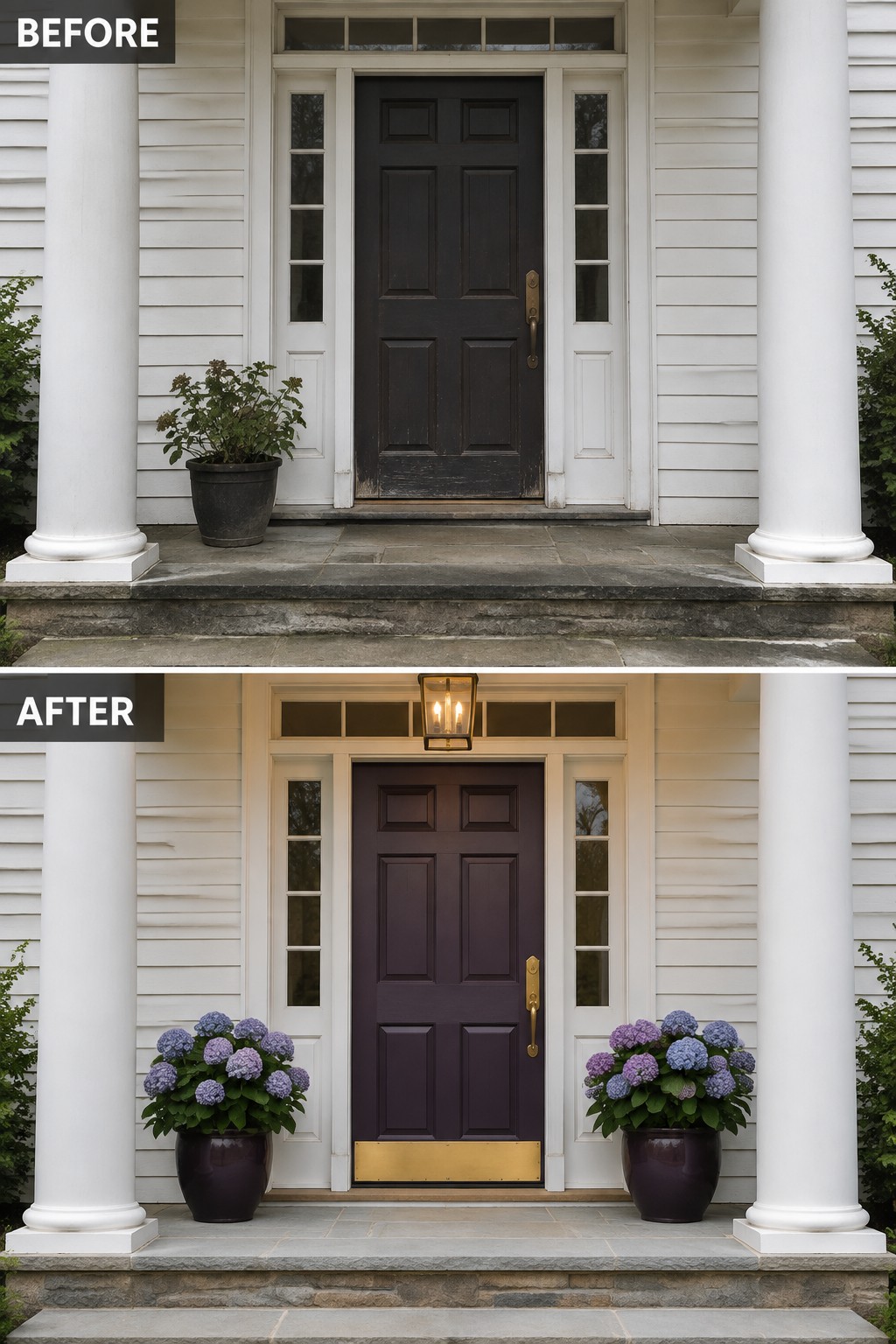 Before-and-after image of a colonial home front entry with the door color changed from black to deep purple and matching planters added on both sides.