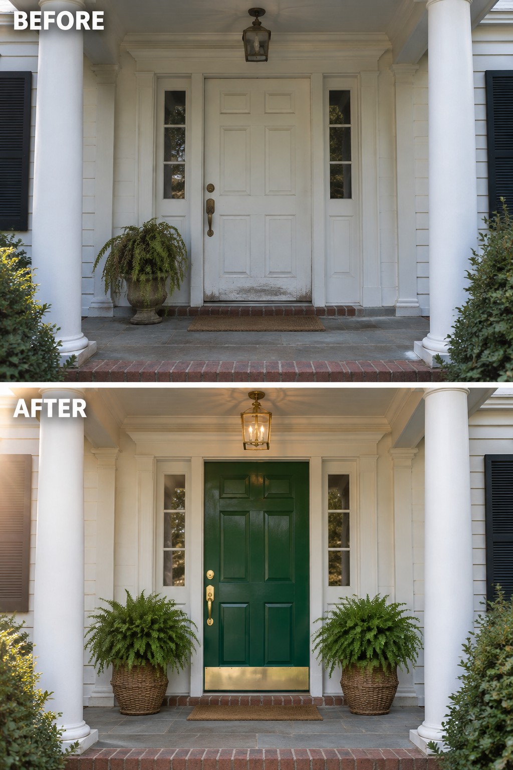 Before-after porch entrance: white door changed to green with new light and fern planters.