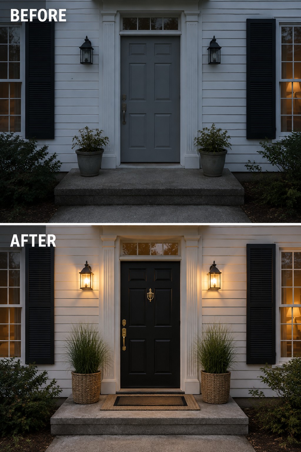Before-and-after image of a colonial home front entry showing the door changed from gray to black with added lantern lighting and new planters.