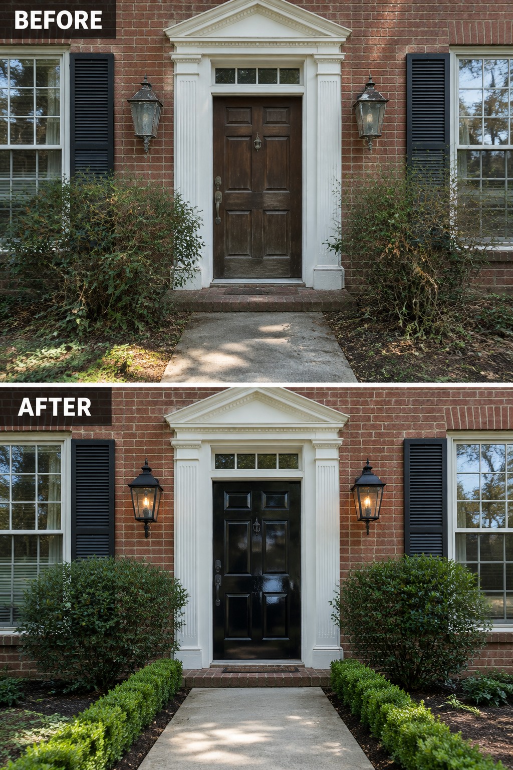 Before-and-after image of a brick colonial home showing the front door changed from brown to black with shrubs trimmed into defined shapes.