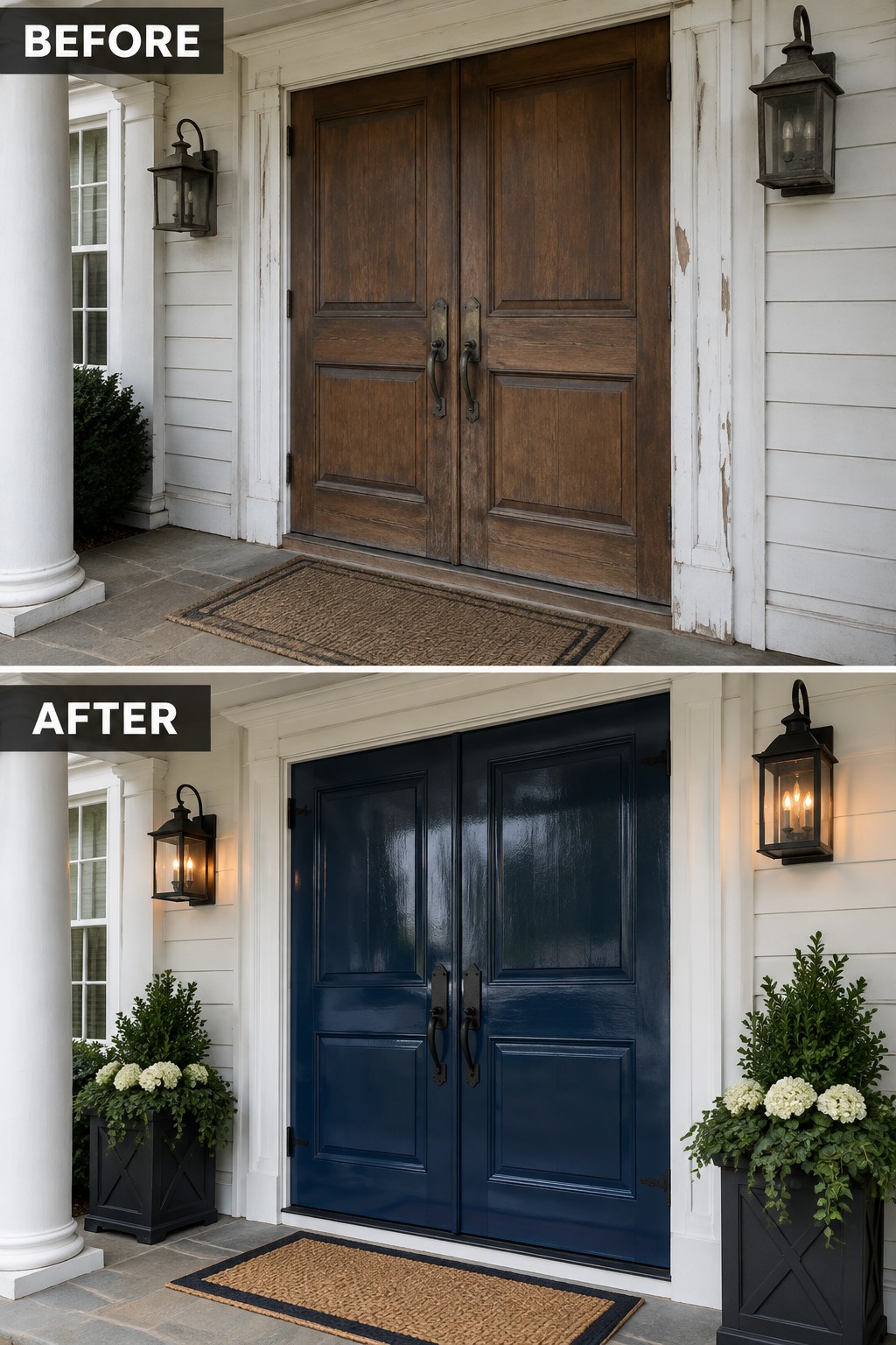 Before-and-after image of a colonial home's double front doors changed from brown wood to navy blue paint, with black planters added on both sides of the entrance.