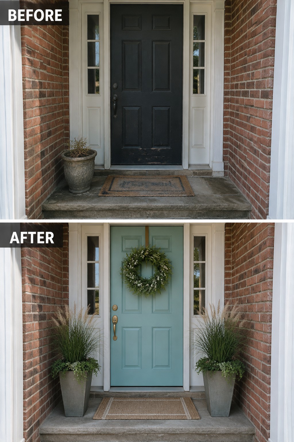 Before-and-after of black door repainted teal with wreath, planters, and new doormat.