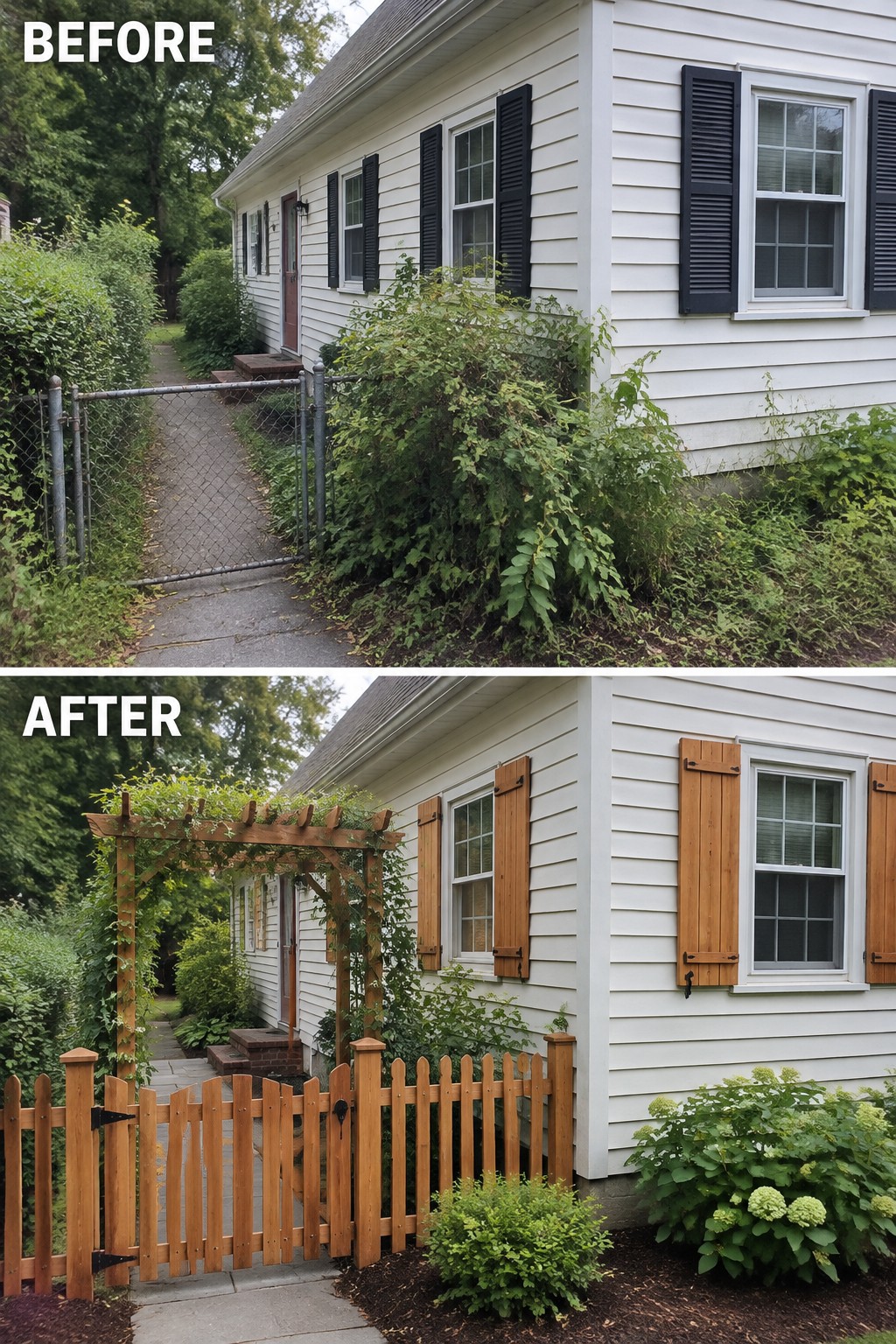 White house before and after with new brown shutters, wooden fence, and vine-covered arbor.
