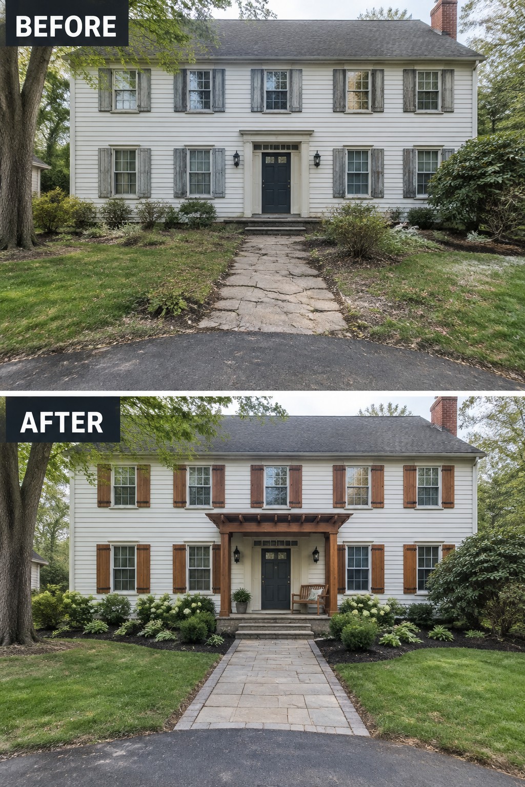 Before-and-after image of a colonial house exterior showing gray shutters replaced with cedar ones and a new wooden portico added over the front door.