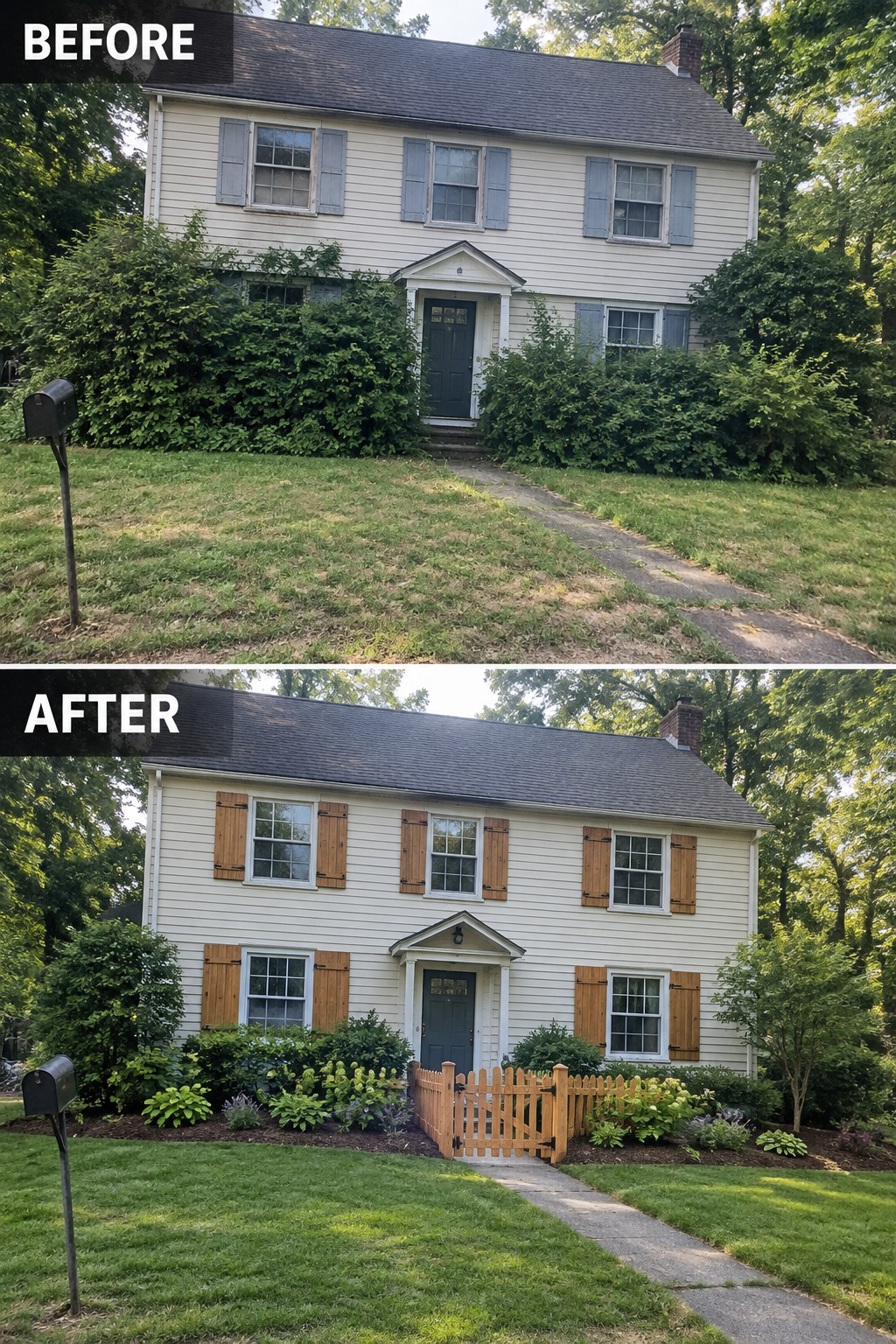 Before and after of house with new shutters, fence, and landscaped garden.