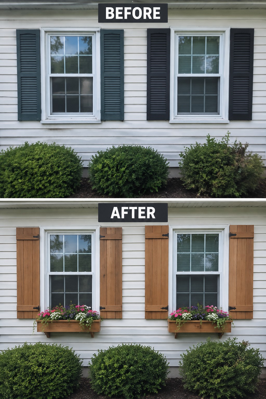House windows before and after with new brown shutters and flower boxes added.