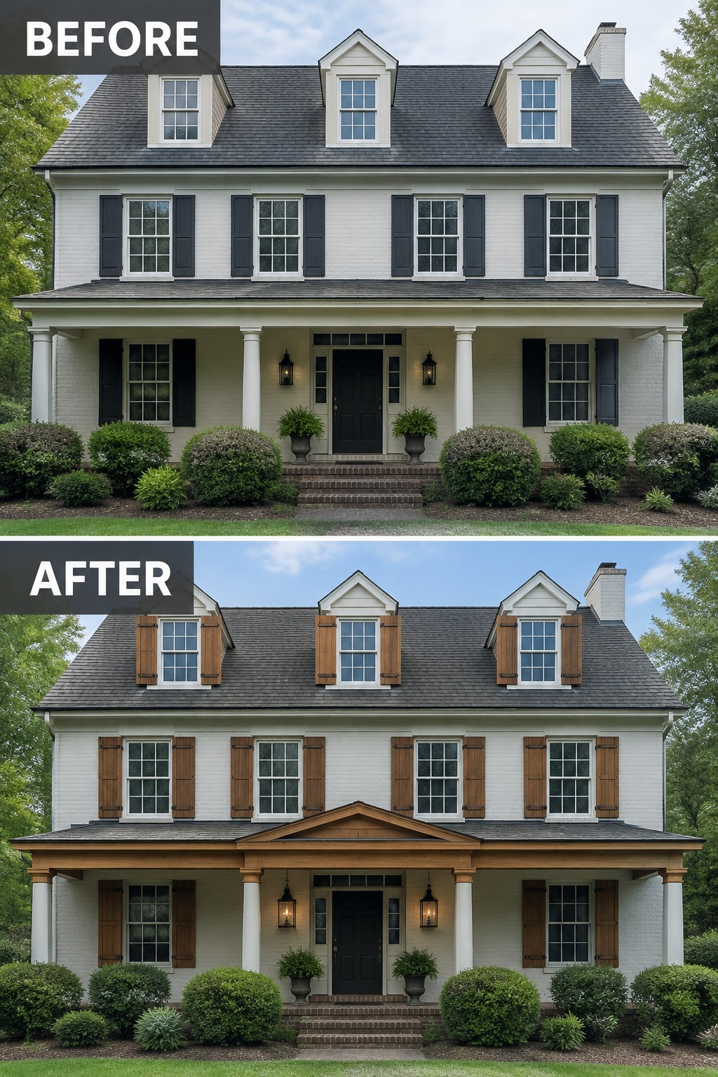 Before-and-after image of a white colonial house with dark shutters changed to cedar and a front porch updated with natural wood trim.