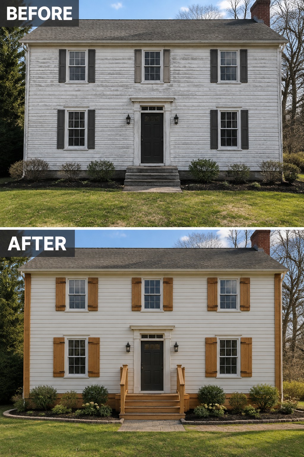 Before-and-after image of a colonial house exterior updated with cedar shutters, wood trim, and improved landscaping.