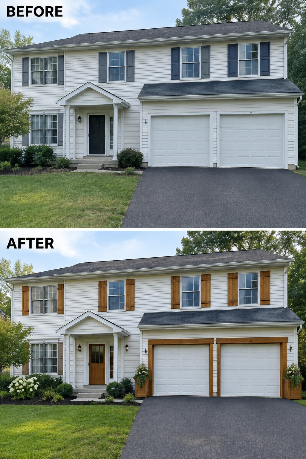 Before and after of white two-story house with added wooden shutters and trim.