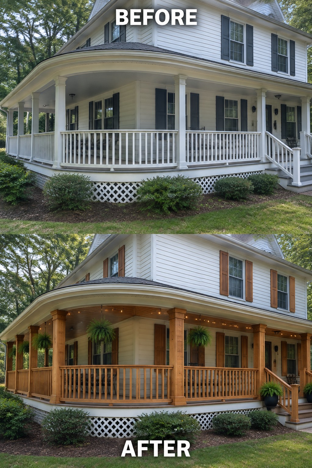 Before-and-after image of a colonial house exterior with the porch and shutters changed from white and black paint to natural wood accents.