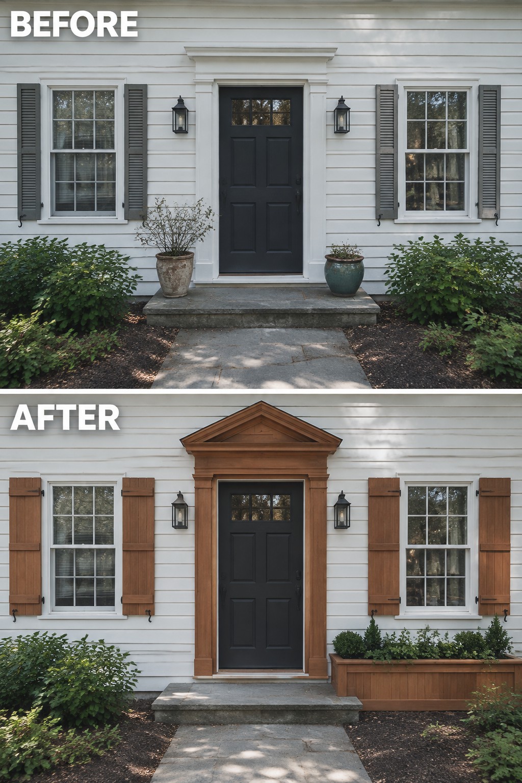 Before and after house entrance with new wooden pediment, shutters, and planter box